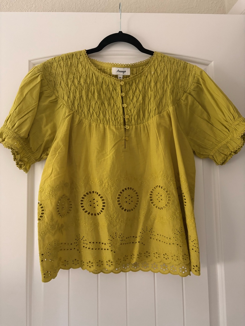 Amaaya Olive Smocked Yoke Eyelet Blouse